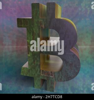 An abstract 3d glitch art Bitcoin background image. Stock Photo