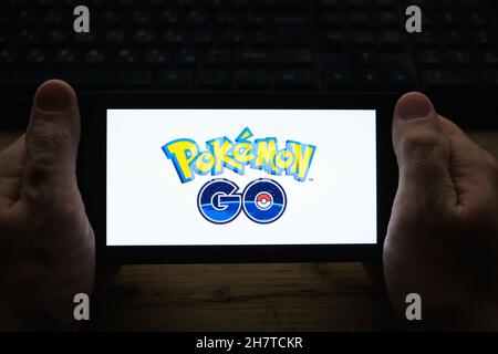 Kostanay Kazakhstan November 01 21 In Hand Is Mobile Phone With A Screensaver Of Popular Game Pokemon Go Stock Photo Alamy