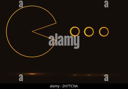 Pac-Man eating balls glowing vector outline, video game theme illustration. Retro games in the history of game industry Stock Vector