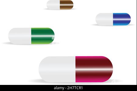 Colored pills and drugs isolated over white background, medical pill and tablet icons vector illustration set, perspective view Stock Vector