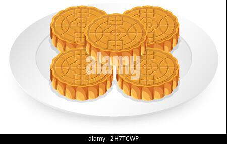 Pile of mooncakes on white plate illustration Stock Vector