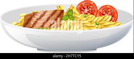 Pasta fusilli with fish steak and tomato illustration Stock Vector