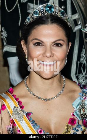 Crown Princess Victoria of Sweden attending a gala dinner held by the Swedish royal couple in honor of the Spanish royal couple at the royal palace in Stockholm, Sweden, November 24, 2021. Spain's royals are on a two-day state visit in the country. Photo by Robert Eklund/Stella Pictures/ABACAPRESS.COM Stock Photo