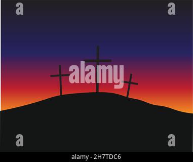 Three crosses silhouettes standing on Golgotha in the lights of daybreak. Christian conceptual illustration Stock Vector