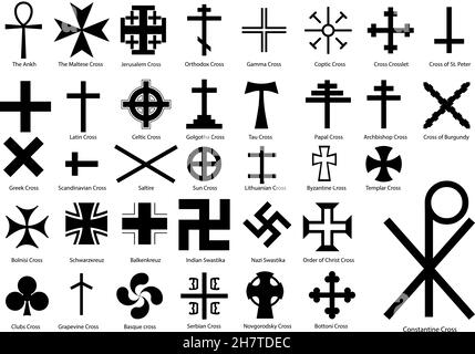 A vector set of different kind of crosses isolated on a white background. Each cross illustration is entitled. Stock Vector