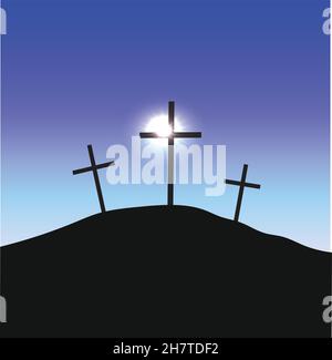 Three crosses silhouettes standing on Golgotha in the lights of the sun Christian conceptual illustration Stock Vector