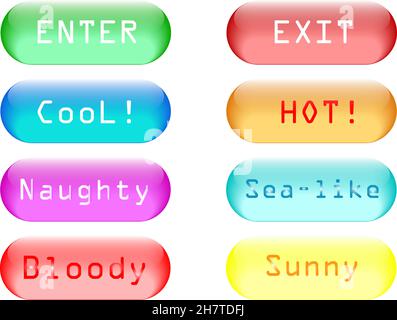 Colored glass and gel web buttons with common text messages, vector illustration Stock Vector