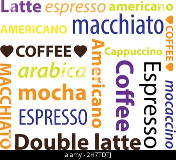 Types of coffee hot drinks, vector decoration for coffee cups and other advertising purposes Stock Vector