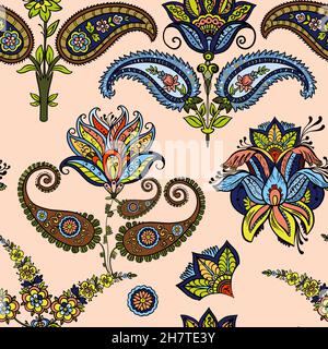 Illustration raster seamless paisley pattern with patterns on beige background. High quality illustration Stock Photo