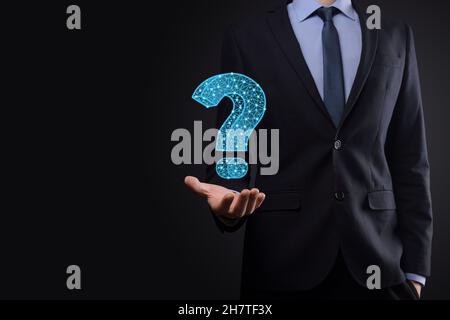 Question mark. 3d abstract on dark background with dots and stars. Ask symbol. Help support, faq problem symbol, think education concept, confusion se Stock Photo