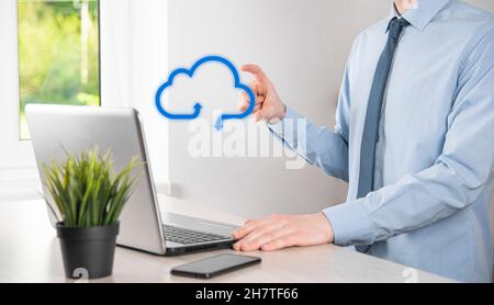 Business man holding icon cloud computing network and icon connection data information in hand. Cloud computing and technology concept Stock Photo