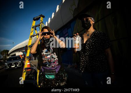 Lucy Aguirre and Violeta Silva, two visual artists who collaborate to paint the mural on the Luis Encinas boulevard bridge in Sonora by members of the Sangre del Desierto collectives with graffiti street art with images of the bighorn sheep, hummingbird, bees, tabachin and saguaros and the Sonora desert on November 24, 2021 in Sonora. (Photo by Luis Gutierrez / Norte Photo)  Lucy Aguirre y Violeta Silva dos artistas visuales que colaboran el pintar el mural en el puente bulevar Luis Encinas en Sonora por integrantes de los colectivos Sangre del Desierto con arte callejero del Grafiti con image Stock Photo