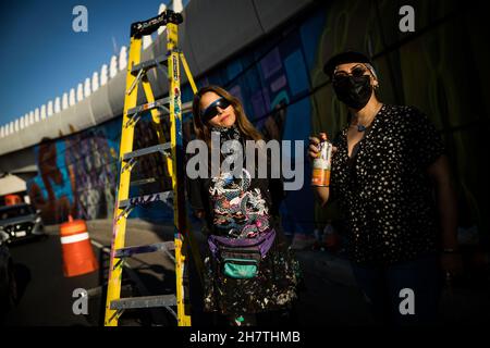 Lucy Aguirre and Violeta Silva, two visual artists who collaborate to paint the mural on the Luis Encinas boulevard bridge in Sonora by members of the Sangre del Desierto collectives with graffiti street art with images of the bighorn sheep, hummingbird, bees, tabachin and saguaros and the Sonora desert on November 24, 2021 in Sonora. (Photo by Luis Gutierrez / Norte Photo)  Lucy Aguirre y Violeta Silva dos artistas visuales que colaboran el pintar el mural en el puente bulevar Luis Encinas en Sonora por integrantes de los colectivos Sangre del Desierto con arte callejero del Grafiti con image Stock Photo