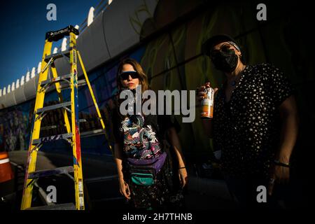 Lucy Aguirre and Violeta Silva, two visual artists who collaborate to paint the mural on the Luis Encinas boulevard bridge in Sonora by members of the Sangre del Desierto collectives with graffiti street art with images of the bighorn sheep, hummingbird, bees, tabachin and saguaros and the Sonora desert on November 24, 2021 in Sonora. (Photo by Luis Gutierrez / Norte Photo)  Lucy Aguirre y Violeta Silva dos artistas visuales que colaboran el pintar el mural en el puente bulevar Luis Encinas en Sonora por integrantes de los colectivos Sangre del Desierto con arte callejero del Grafiti con image Stock Photo