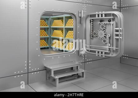 Gold storage with opened metallic door. Underground bank vault -3d rendering Stock Photo