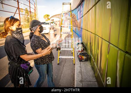 Lucy Aguirre and Violeta Silva, two visual artists who collaborate to paint the mural on the Luis Encinas boulevard bridge in Sonora by members of the Sangre del Desierto collectives with graffiti street art with images of the bighorn sheep, hummingbird, bees, tabachin and saguaros and the Sonora desert on November 24, 2021 in Sonora. (Photo by Luis Gutierrez / Norte Photo)  Lucy Aguirre y Violeta Silva dos artistas visuales que colaboran el pintar el mural en el puente bulevar Luis Encinas en Sonora por integrantes de los colectivos Sangre del Desierto con arte callejero del Grafiti con image Stock Photo