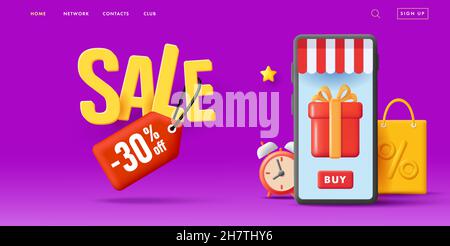 Sale banner with smartphone illustration with gift box on screen as shop with shop visor, clock and shopping bag with up to thirty percent discount Stock Vector