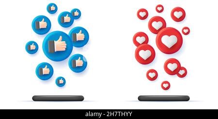 vector 3d illustration of smartphones side view with rising up volume circles as a cloud with thumb up in blue and hearts in red Stock Vector
