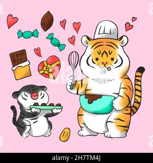 2022 year of tiger, two tigers making chocolate for Valentines Stock Photo