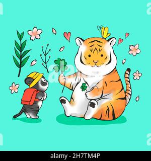 2022 year of tiger, two tigers in spring picnic Stock Photo