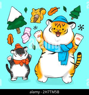 2022 year of tiger, two tigers in winter fashion Stock Photo