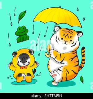 2022 year of tiger, two tigers with umbrella on rainy day Stock Photo