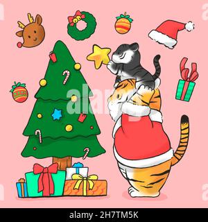 2022 year of tiger, two tigers decorating christmas tree Stock Photo