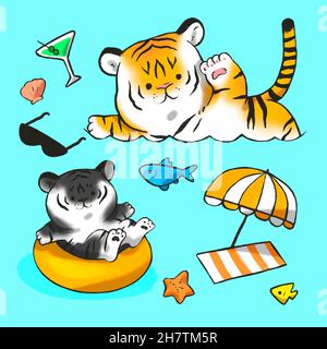 2022 year of tiger, two tigers swimming in summer Stock Photo
