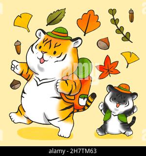 2022 year of tiger, two tigers climbing autumn forest Stock Photo