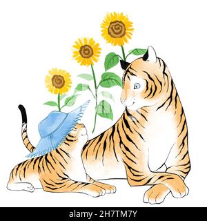 2022 year of tiger, two tigers in sunflower field Stock Photo