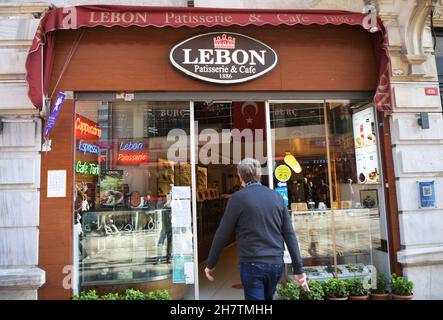 Istanbul, Turkey. 22nd Nov, 2021. A customer enters the Lebon Patisserie in Istanbul, Turkey, Nov. 22, 2021. TO GO WITH 'Feature: Turks defend Istanbul's historical patisserie from closure amid COVID-19' Credit: Sadat/Xinhua/Alamy Live News Stock Photo