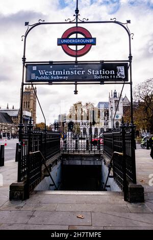 City Of Westminster London UK , November 21 2021, Entrance And Sign for Westminster Underground Station City Of Westminster London Stock Photo