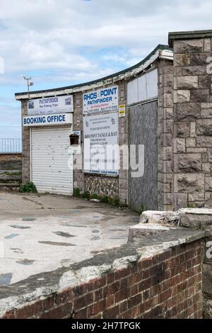 Rhos on Sea North Wales coast showing Rhos point kiosks now in a dilapidated state ready for demolition. Stock Photo