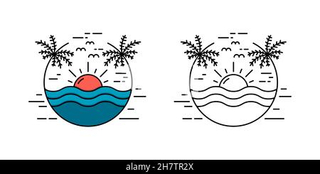 Tropical island summer beach, lineart, outline, mono line design Stock Vector