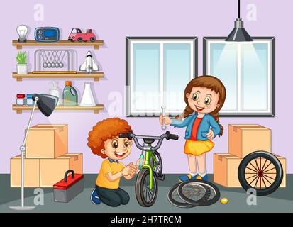 Children fixing a bicycle together in the room scene illustration Stock Vector