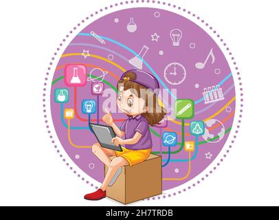 Young girl using tablet for education illustration Stock Vector