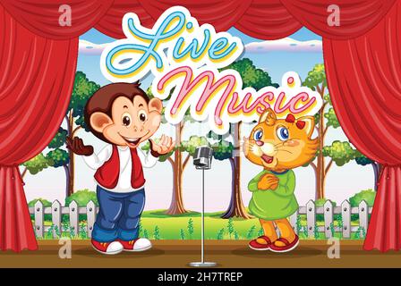 Monkey and cat performing singing on stage illustration Stock Vector