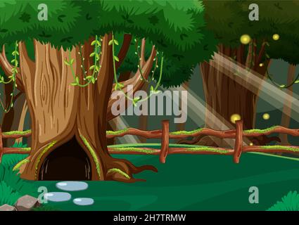 Fantasy forest background with hollow tree illustration Stock Vector ...