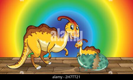 Cartoon dinosaur on rainbow gradient background illustration Stock Vector