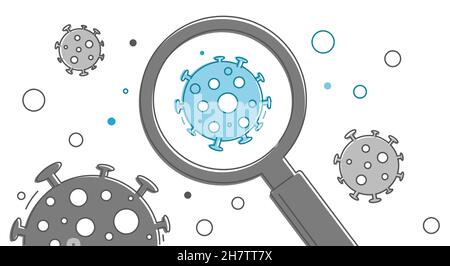 Flying virus molecules in the air.Linear minimalist illustration.Finds a new strain of coronavirus.Blue virus under a magnifying glass. Stock Vector