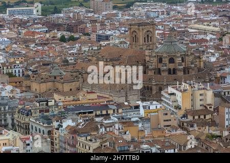 Granada Spain - 09 14 2021: Aerial view at the Granada Cathedral or Cathedral of the Incarnation, Catedral de Granada, Santa Iglesia Catedral Metropol Stock Photo