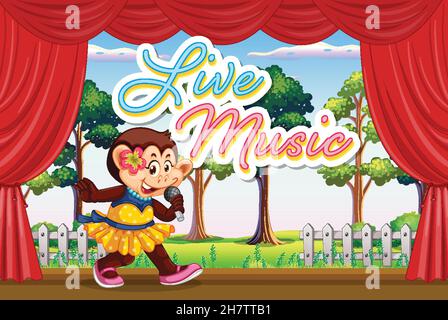 Monkey cartoon character singing on stage illustration Stock Vector