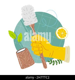 Hand in yellow rubber glove holding a wood toilet brush.Clean with natural detergent, lemon, mint, soda. Cleaning bathroom,toilet.Flat vector illustra Stock Vector