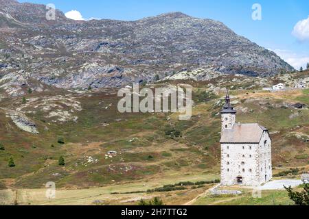Simplon Pass, Switzerland-October 2021; High angle view of the solid granite old hospice also called Alter Spittel, built by Kaspar Stockalper in 1650 Stock Photo