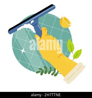 Hand in yellow gloves with washing squeegee clean bathroom tile or glass.Clean with natural detergent, lemon, mint, soda. Flat vector illustration. Stock Vector