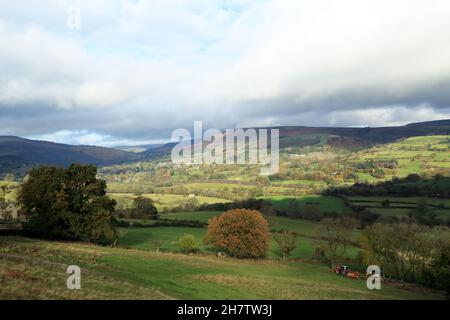 View across fields to Bamford Edge from Offerton above Hathersage, Hope Valley, Peak District, Derbyshire, England, United Kingdom