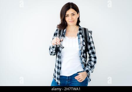 Pretty woman with backpack Stock Photo