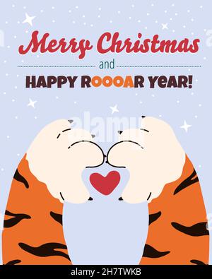 Tiger making heart sign with his paws.Merry Christmas and happy roar year. Vector illustration in flat cartoon style for greeting card,printable produ Stock Vector