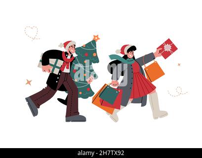 Couple shopping presents for Christmas,New Year.Girl holding present and shopping bags,man carrying gift in one hand and Christmas tree in other.Vecto Stock Vector