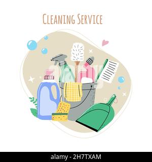 Cleaning set products. Bucket,sponge,window-cleaner products in bootle,dustpan,broom,detegent.Advertising for cleaning service and flyers, websites an Stock Vector